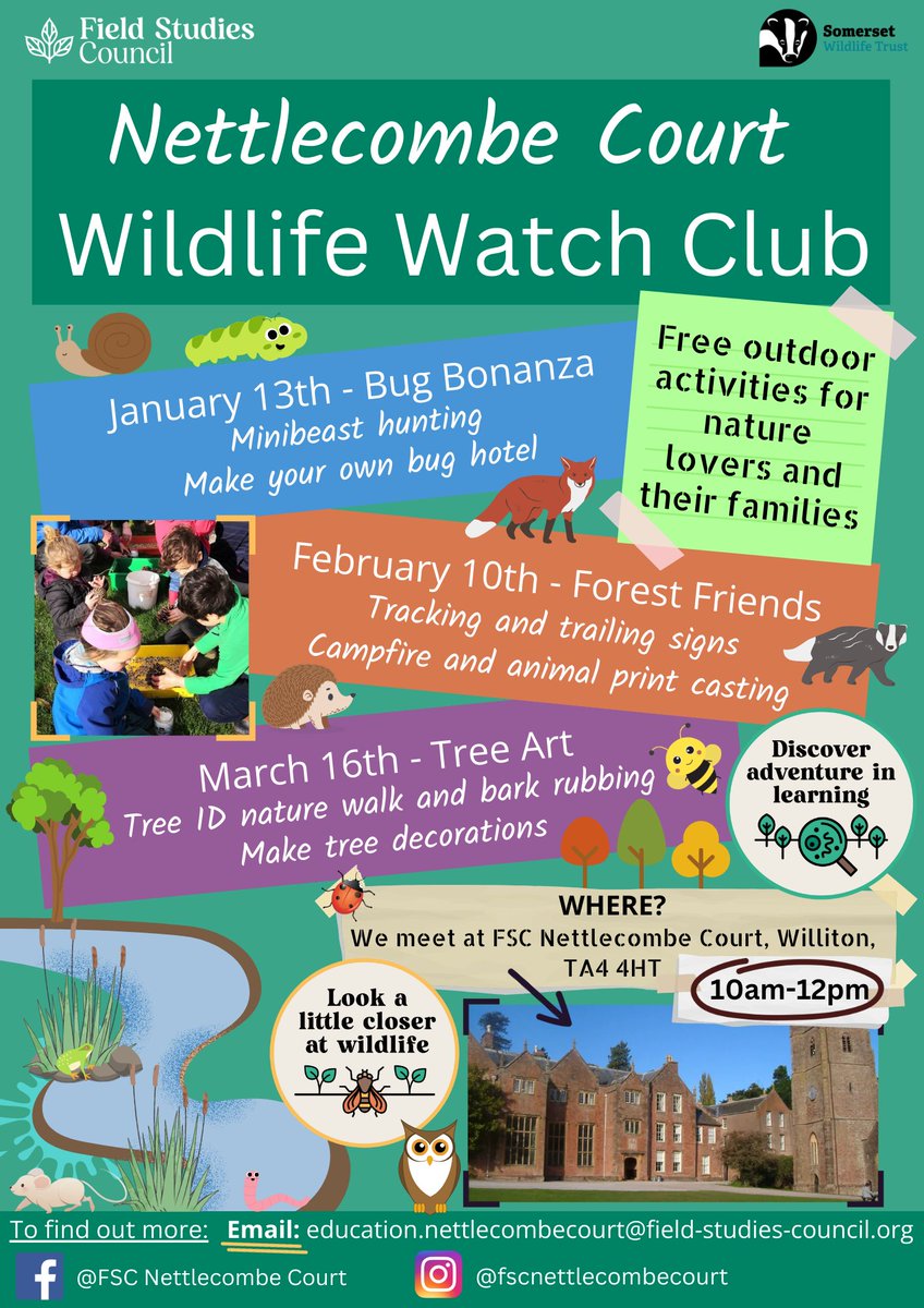 Wildlife Watch Club returns in 2024 with new outdoor activities! Come along to our fantastic, FREE club for young nature lovers and their families. To find out more: Email: education.nettlecombecourt@field-studies-council.org