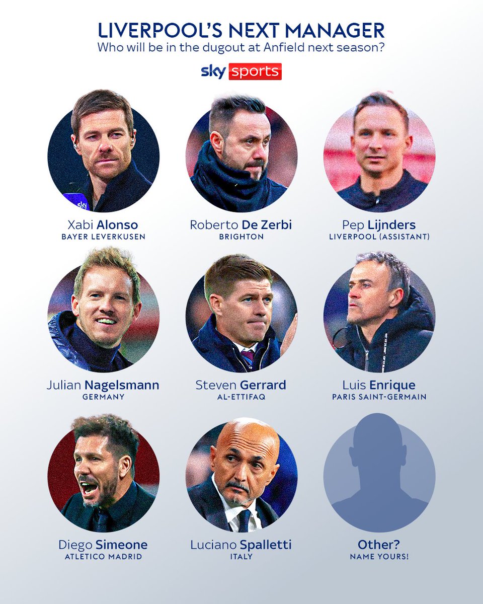 SkySportsPL's tweet photo. Who will be Liverpool manager next season? 🔴👀 https://t.co/SFQhBob6Jg