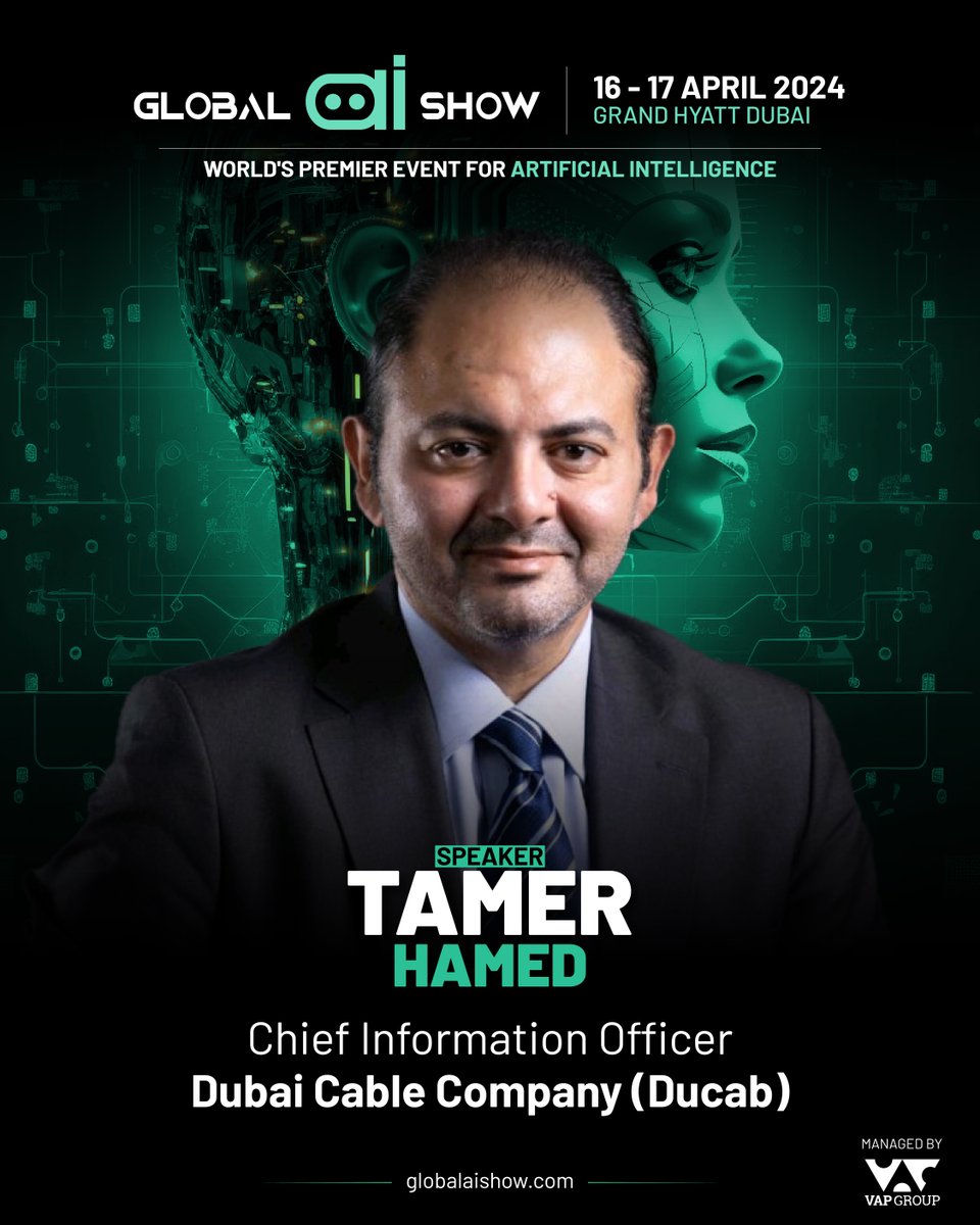 GlobalAIShow's tweet image. 📢 Meet Tamer Hamed, CIO of Dubai Cable Co., speaking at the #GlobalAIShow! With 23+ years in IT &amp;amp; leading Ducab&apos;s digital journey, he&apos;s a true tech whiz. 

Join us at Grand Hyatt Dubai for insights from top AI minds. 🤖🎉

Grab your tickets: hubs.ly/Q02hRgRM0