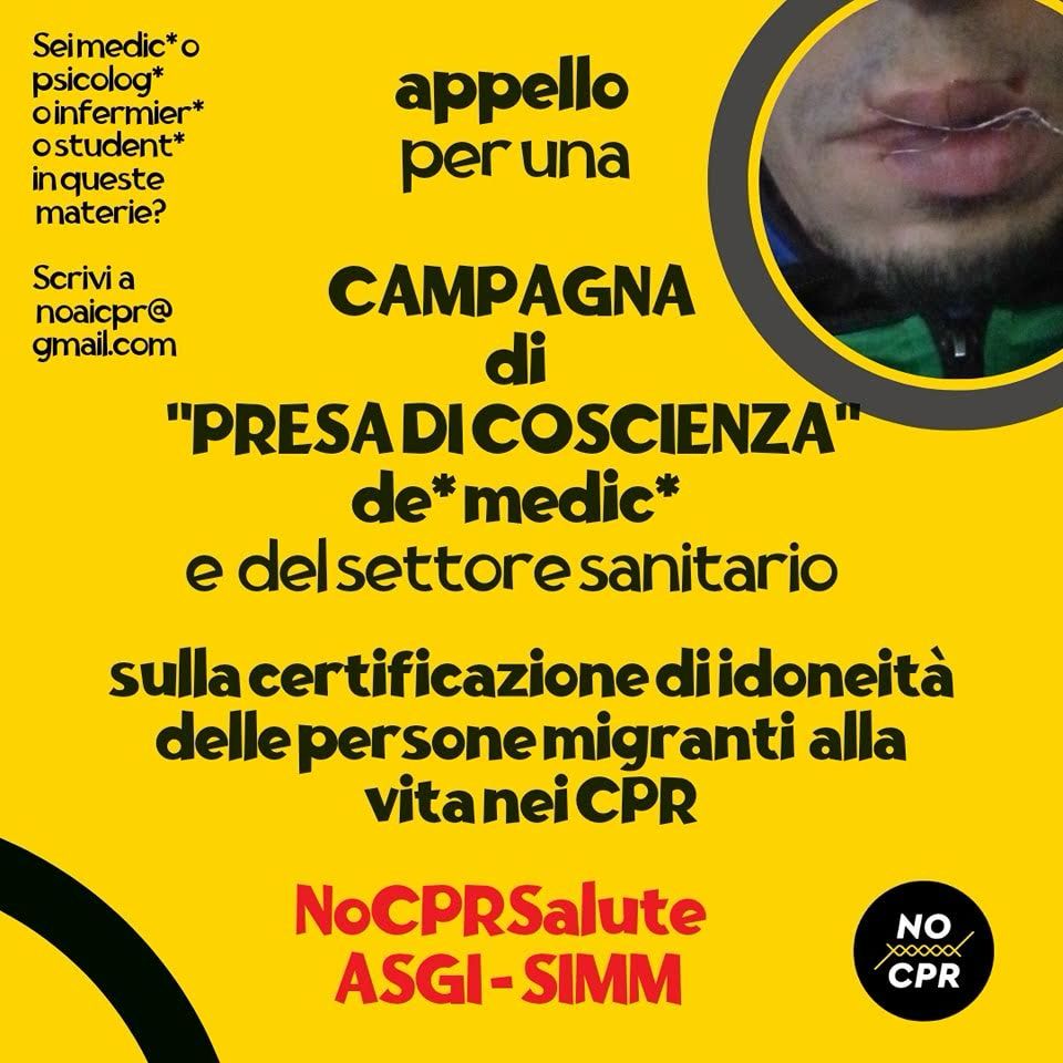 🔴🟡⚫️ APPELLO PER UNA CAMPAGNA DI "PRESA DI COSCIENZA" DE* MEDIC* E DEL SETTORE SANITARIO SULLA CERTIFICAZIONE DI IDONEITA' DELLE PERSONE MIGRANTI ALLA VITA NEI CPR ⚫️🟡🔴 

🔷 <a href="/nocpr1/">noCPR</a> 🔷 SIMM 🔷 <a href="/asgi_it/">ASGI</a> 

Leggi qui👉🏼 bit.ly/3vJW7YN
