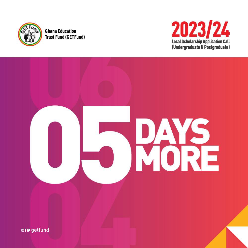 5-Day Countdown:

The clock is ticking! Only 5 days left to submit your application for the GETFund Local Scholarship! 

Don't let this chance slip away. Head to scholarships.getfund.gov.gh and finalize your application. Your future is waiting—act now! 

 #GETFundScholarship