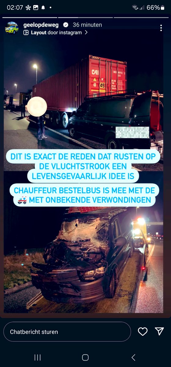 wis_robertvdA's tweet photo. Dit is nu precies de reden om vrachtwagens die op de vluchtstrook staan weg te sturen. Afgelopen nacht heeft collega weginspecteur Kevin van Instagram Geel op de weg een bestelbus onder een trailer moeten uithalen met de hulpdiensten letsel onbekend @Hazeldonk  @RWSverkeersinfo https://t.co/SZc01FhySr