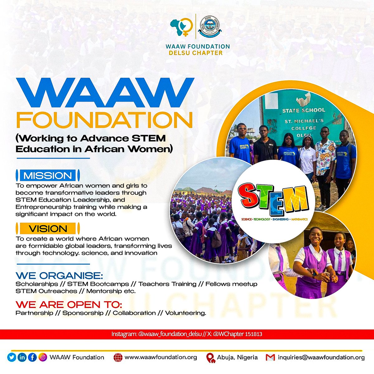 WChapter15813's tweet image. Welcome to @WChapter15813 Chapter we are known for our passion and commitment to advancing STEM Education in Africa (for Women) in accordance with the mission of @WAAW_Foundation.

Designed by @AkonoTonipre graphic designer @WChapter15813