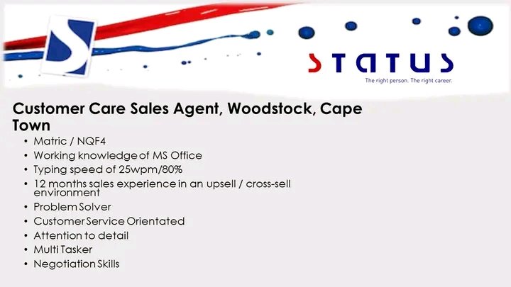 NthabelengDlam3's tweet photo. Customer Care Sales Agent with 12 months sales experience in an upsell / cross-sell environment https://t.co/X4O4fNBMSL #statusstaffing #customercare #salesagent #sales #upsell #crosssell https://t.co/yhLWl1aaNc