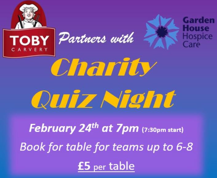 Our friends over <a href="/tobycarvery/">Toby Carvery</a> Stevenage are running a quiz night for <a href="/GHHospice/">Garden House Hospice Care 💙</a> next month and it promises to be great fun! Call them to book your table now on 01438 351854 📞