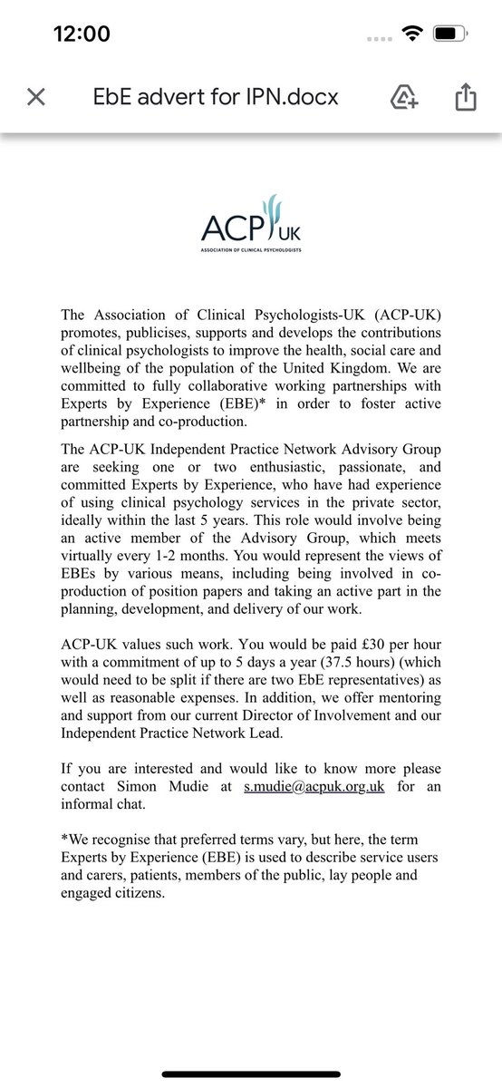 We are looking for Experts by Experience to join our advisory group who have experience of using clinical psychology services in the private sector… #expertsbyexperience