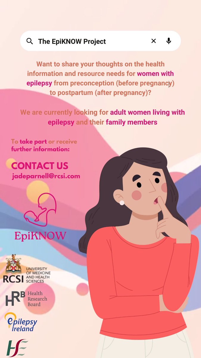 RCSI_PopHealth's tweet photo. We're conducting research on the health info & resource needs of women w/ epilepsy from preconception to postpartum. If you're a woman (aged 18+), diagnosed w/ epilepsy, have lived or currently live in Ireland, & have children, are pregnant or planning to have children, we would love to hear from you.

To participate in the EpiKNOW project or for further info, contact Dr Jade Parnell - jadeparnell@rcsi.ie 

This project is supported by @hrbireland, @HSELive, @epilepsyireland, @NWIHP 

@jadeparnell @Fergal_os @AnneODMatthews @pharmacoepircsi @Aisling_Wal