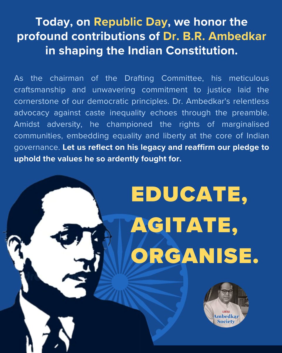 LSEAmbedkarSoc's tweet photo. Today, on #RepublicDay, we, the LSE Ambedkar Society, honor the profound contributions of Dr. B.R. Ambedkar in shaping the Indian Constitution.

#Ambedkar #Constitution #26thjanuary #india https://t.co/x9iwC4kyKu