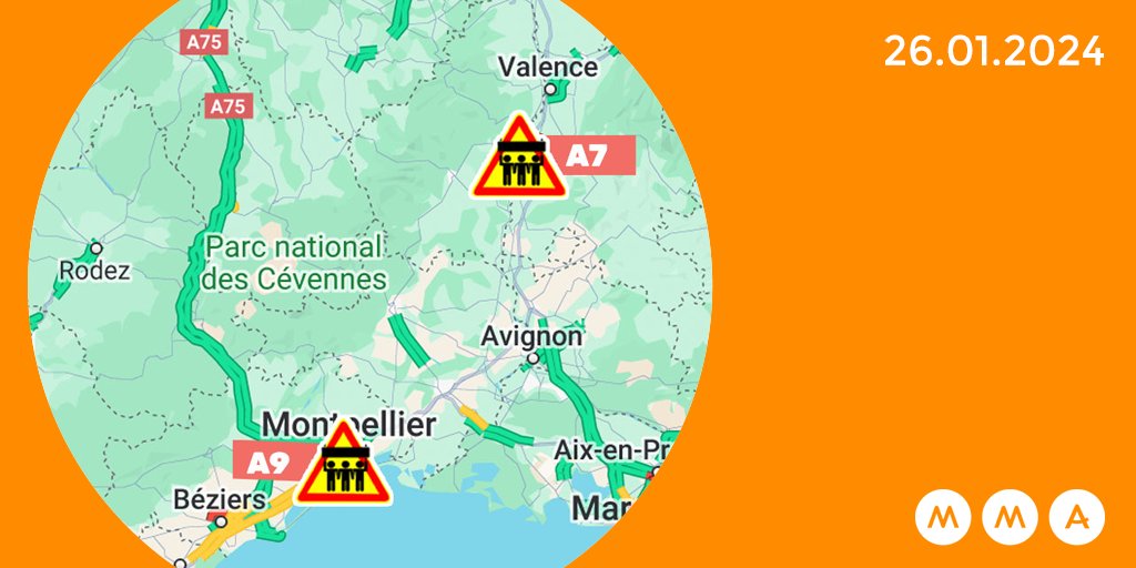Mma_prevroute's tweet photo. #Trafic : l'#A7 et l'#A9 sont coupées sur 400km entre #Chanas et #Sigean sur l'axe majeur entre #Lyon et l'#Espagne en raison de l'action des agriculteurs. Le report de trafic et les opérations de filtrage amplifieront les difficultés : reportez au maximum vos déplacements. https://t.co/uBl1og7luM