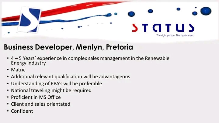NthabelengDlam3's tweet photo. Business Developer with 4 – 5 Years’ experience in complex sales management in the Renewable Energy industry https://t.co/GG2kZkeJue #statusstaffing #businessdevelopment #sales #salesmanagement https://t.co/rycfCryu2R
