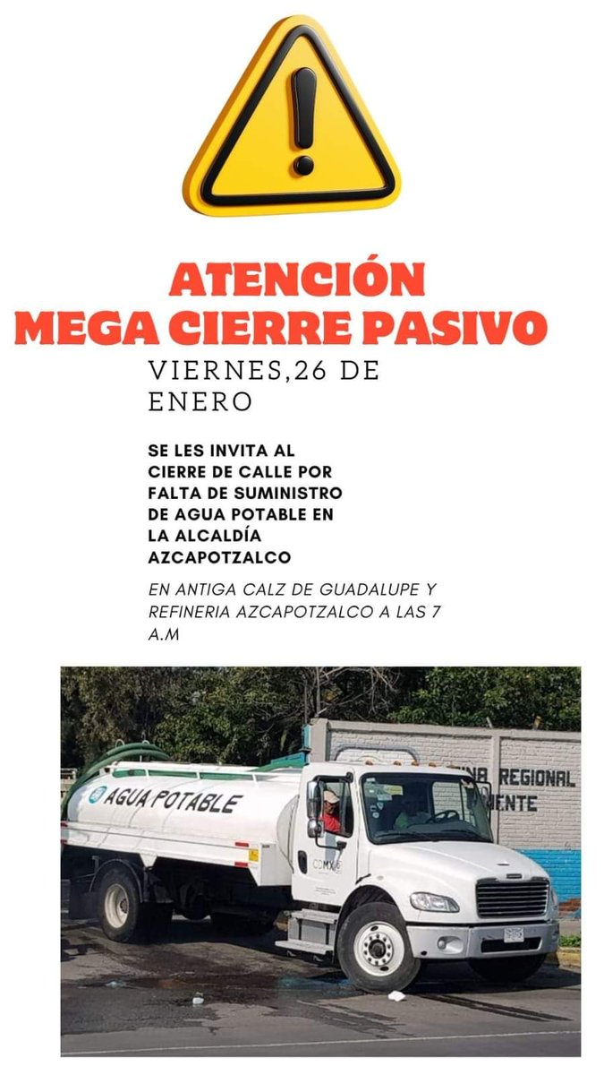 CI_CDMX's tweet photo. #Atención || En punto de las 7:00 de la mañana, vecinos de la Unidad Habitacional #SantaInés cerraran las vialidades de la avenida #16DeSeptiembre, #Ahuehuetes, antigua calzada #DeGuadalupe y #Refinería de la @AzcapotzalcoMx en demanda de la falta de suministro de agua.
#TómeloEnCuenta.