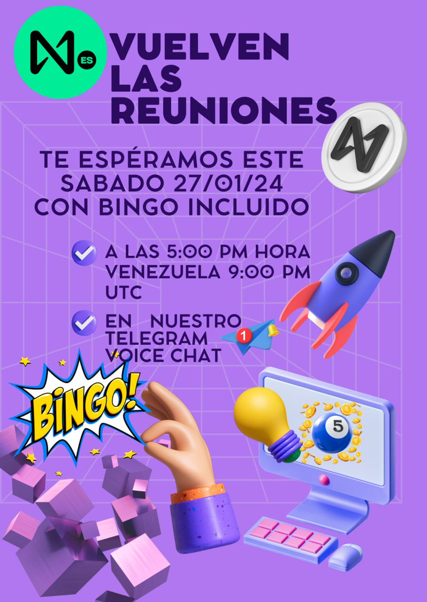 📣 ¡Atención a todos los amantes del bingo! 

🚀 Tenemos un emocionante evento de bingo en nuestra Comunidad con premios en 💰 $NEAR

📅 Sábado 27/01
⏰ 05:00 PM 🇻🇪 
📍 t.me/ES_NEAR
 
Premios:
🥇1er. lugar 5$
🥈 2do. lugar 3$
🥉 3er. lugar 2$

¡Todos son bienvenidos!