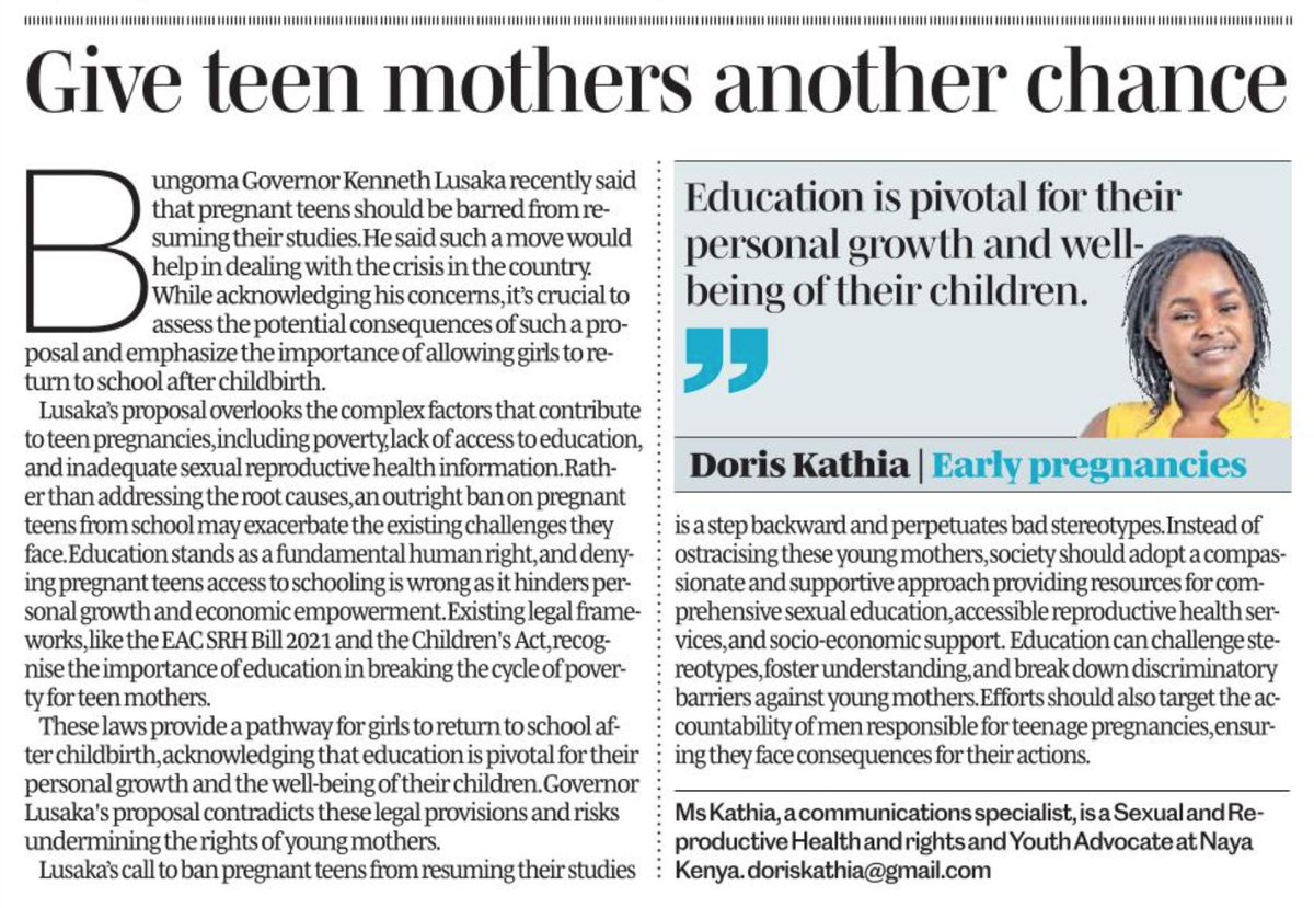 Gov Kenneth Lusaka proposal overlooks the complex factors that contribute to teen pregnancies, lack of access to education, and inadequate SRH information. Rather than addressing the root causes, an outright ban on pregnant teens from school may worsen their situation #NAYAVoices