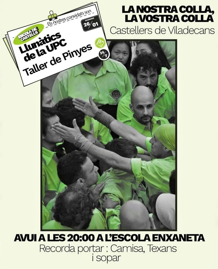 💚ESCOLA DE CASTELLS!💚
Avui comença l'Escola de Castells, i la primera classe serà LA PINYA!🙋🏻‍♀️

Ens acompanyaran els companys de <a href="/LlunaticsUPC/">Llunàtics UPC Vilanova</a> perque us ensenyin tot el que s'ha de saber sobre la pinya!🙌🏼

Vine i descobreix els castells amb nosaltres!😍
#castellers #viladecans