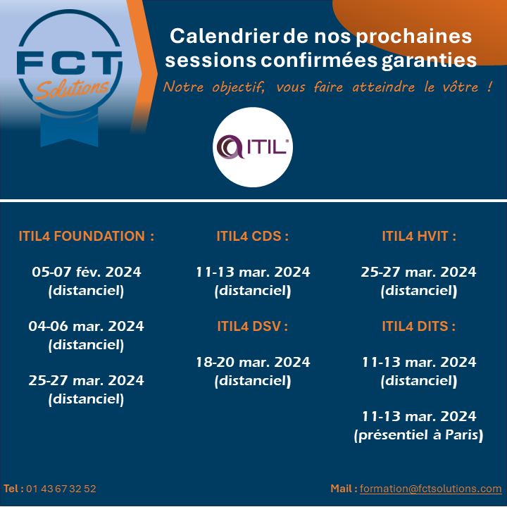 FctSolutionsFR's tweet photo. Nous vous l’avions promis, voici le calendrier 🗓️ des prochaines sessions confirmées et garanties maintenues chez FCT Solutions : 

#FCTSolutions #Formation #Calendrier #Certification #ITIL #Agile https://t.co/BCju6FubVq