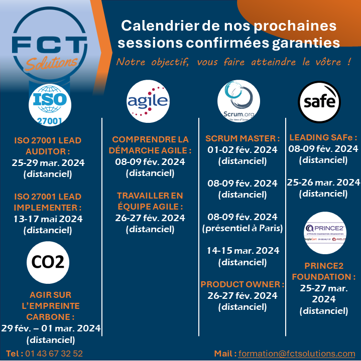 FctSolutionsFR's tweet photo. Nous vous l’avions promis, voici le calendrier 🗓️ des prochaines sessions confirmées et garanties maintenues chez FCT Solutions : 

#FCTSolutions #Formation #Calendrier #Certification #ITIL #Agile https://t.co/BCju6FubVq