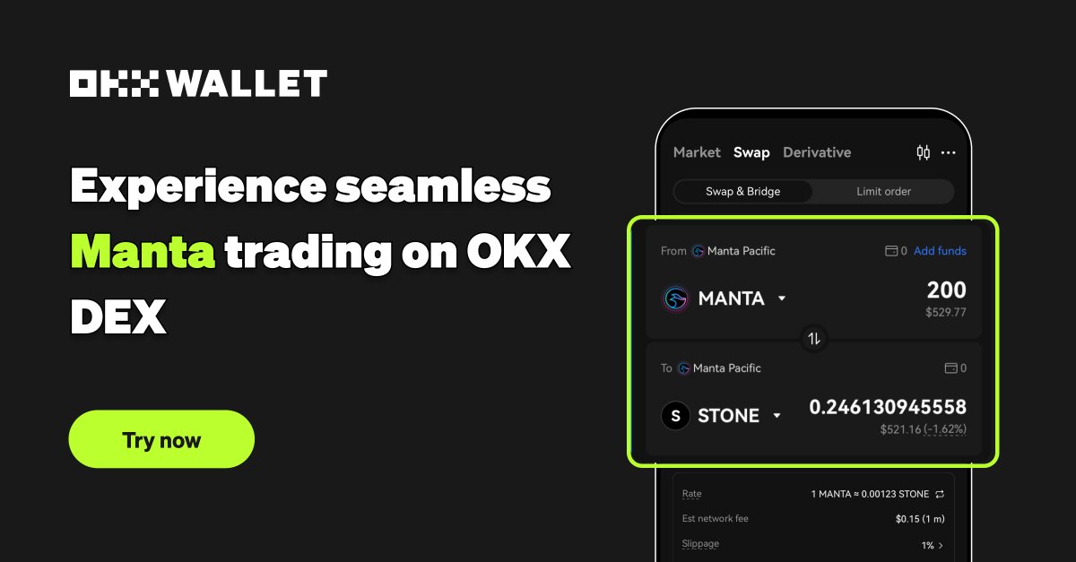 The #OKXWeb3 ecosystem continues to thrive with the integration of <a href="/MantaNetwork/">Manta Network (🔱,🔱)</a> to our DEX Aggregator! 🔥 

🔁 Enjoy Manta's on-chain swap and cross-chain transfer features
😉 Stay tuned for exciting updates

Start trading now: bit.ly/3Hxcx9h