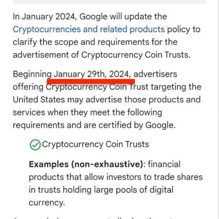 CryptoKid's tweet photo. 💥 BREAKING: Google announces that they will allow advertising for #Bitcoin Spot ETFs starting January 29th! https://t.co/cJgPLpD4U1
