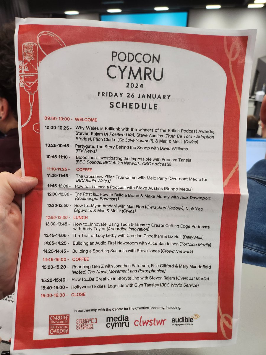 NiaMedi_a's tweet photo. Fantastic sessions @podconcymru  this morning with so much knowledge &amp; experience shared. Wales clearly an exciting creative hub for audio &amp; podcasting. Loving the short, sharp &amp; smart sessions offered. Diolch!  #podconcymru24 
@bengomedia @meicparry @MediaCymru_ @CardiffJomec https://t.co/u1o6RiTtQX