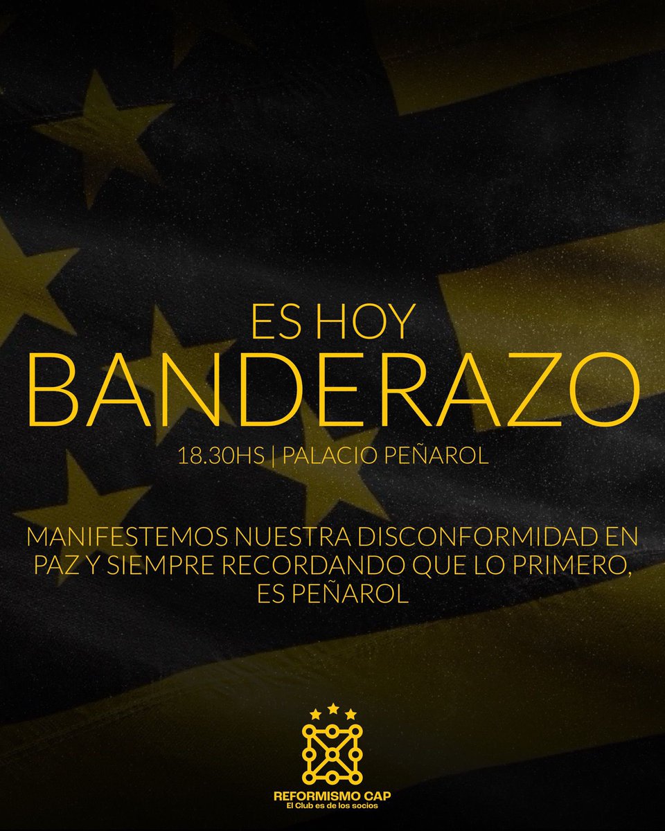 ReformismoCAP's tweet photo. ¡HOY ES EL BANDERAZO!

Reiteramos que es una manifestación pacífica, con la finalidad de mostrar nuestro descontento. Cuidemos nuestro Palacio Peñarol. 

¡Nos vemos hoy! https://t.co/kyb3VvYQgs