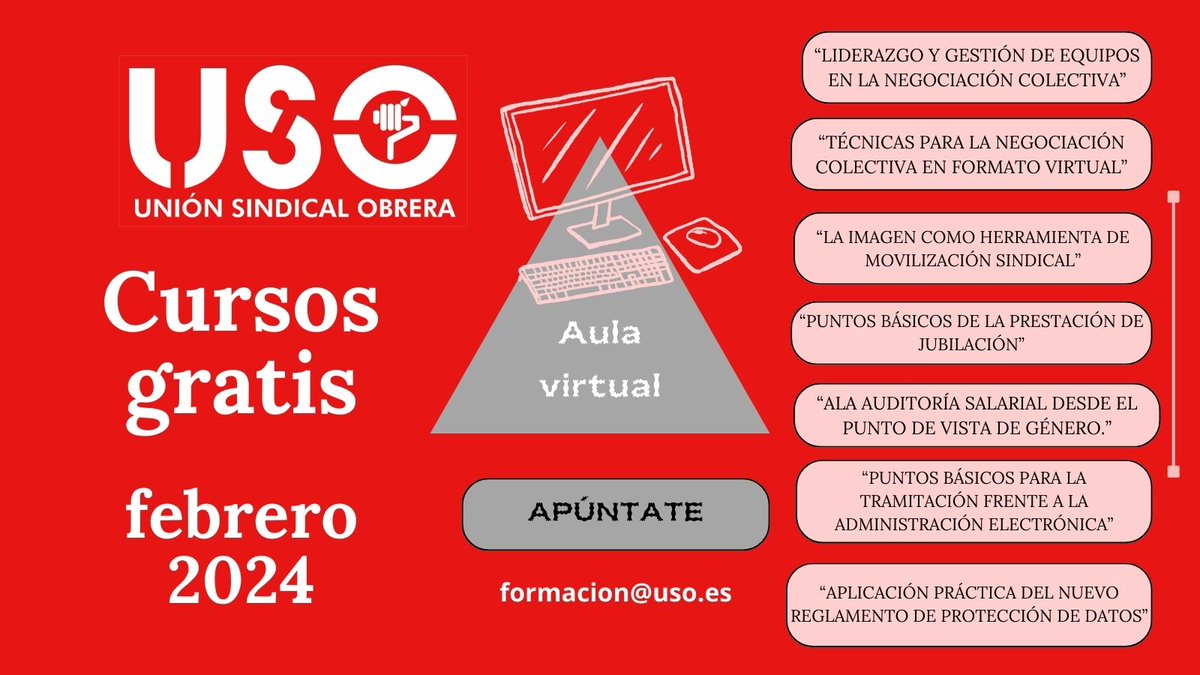 LSB_USOEuskadi's tweet photo. ☺️Porque la #formación 📚es una herramienta importante para todas las personas en una sociedad compleja y cambiante 👉Desde tu #sindicatoUSO hemos organizado varios #cursos on-line en AULA VIRTUAL💻🛜
#CursosFebrero #cursosgratuitos
#apuntateYa 👇✍️⤵️
https://t.co/on8PQiESfM https://t.co/MzL28cIkFv