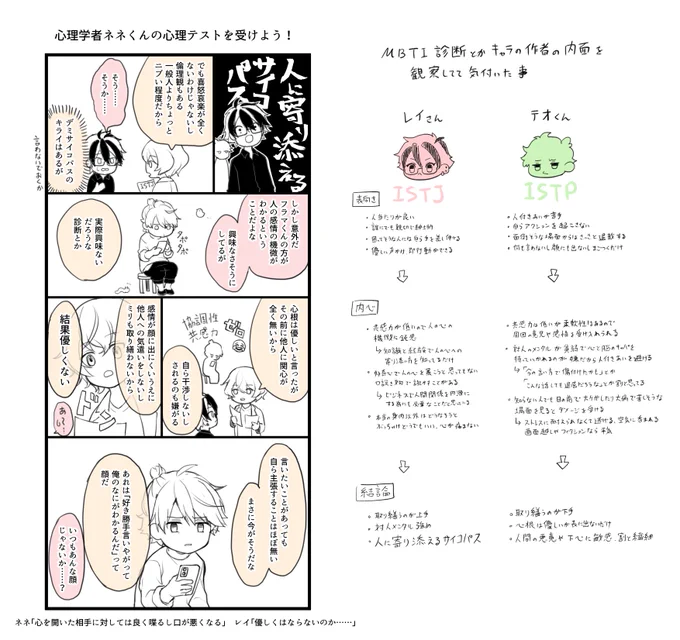 年末から調べていた心理診断を創作に活かすの楽しい～!
こういう場面ではこのキャラはこう動くだろう、喋るだろうの解像度が上がって楽しい～!
そしてやはり第一印象とのギャップがあるキャラが好き
テオレイ好き

#創作 
