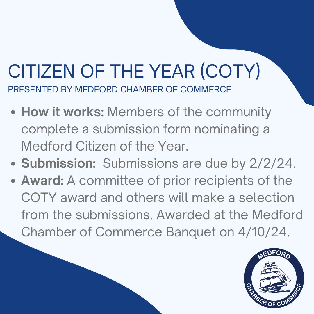 MedChamberMA's tweet photo. Catch up on all the news in this week's Chamber Newsletter, including your opportunity to nominate our Citizen of the Year (COTY) https://t.co/d4sGGeilcq https://t.co/ZrLNK4bFjy