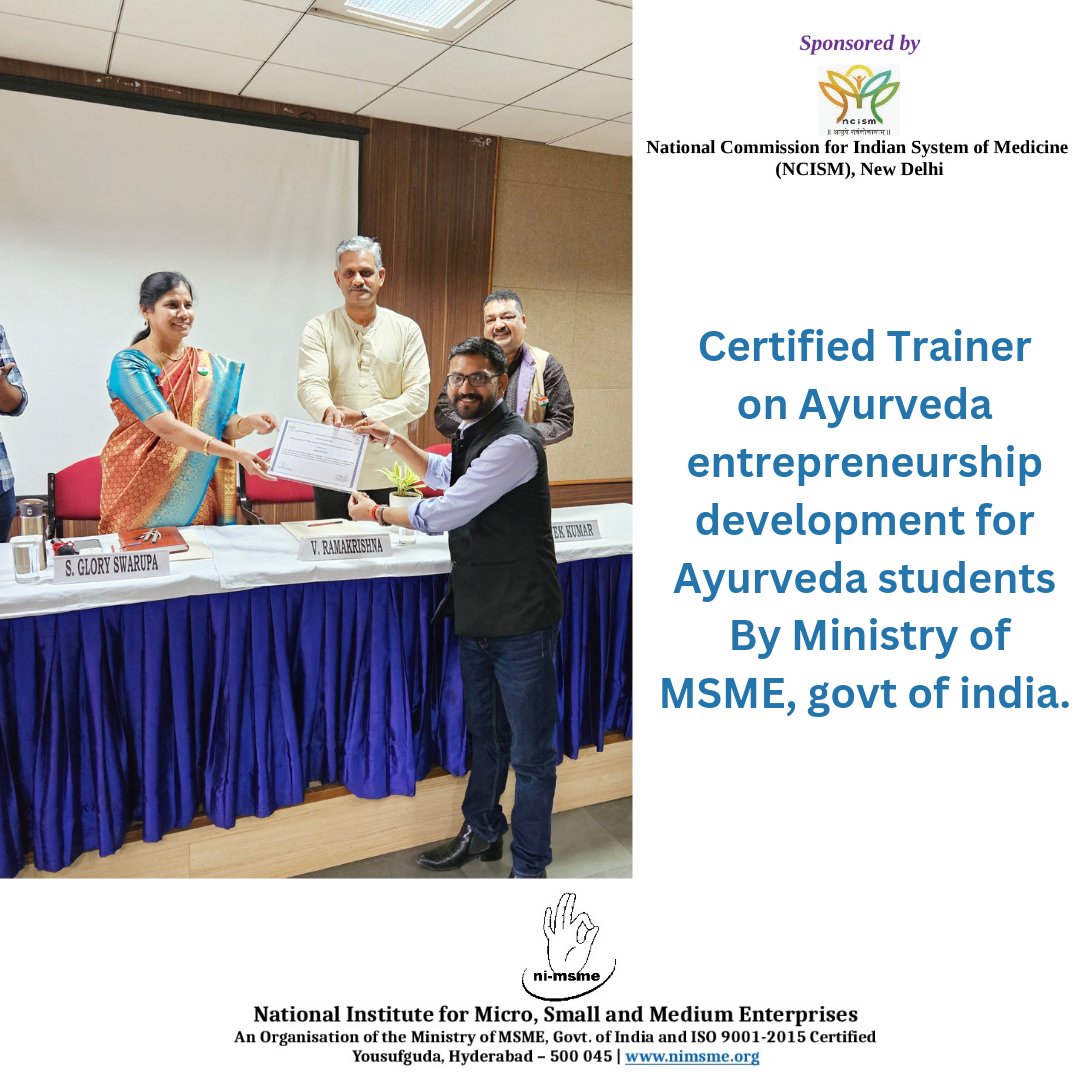 There is huge scope for innovation in ayurveda.#Entrepreneurship skills are essential for innovations. It is proposed to establish “Research and Innovation Cell” in all #Ayurveda college.  Ncism has MOU with #NIMSME (National Institute for Micro, Small and Medium Enterprises)
