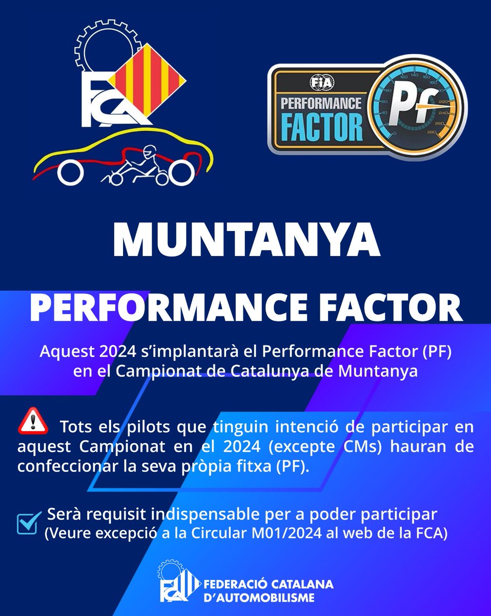 FCAutomobilisme's tweet photo. 📢 MUNTANYA 2024
💥 PERFORMANCE FACTOR
ℹ️ Aquest 2024 s’implantarà el Performance Factor (PF)
➡️ https://t.co/Z7Nm0imWhQ
📫 Bústia PF: pf.scrutineer@fca.cat
#FCAutomobilisme #motorsport #automobilisme #muntanya #performance #factor #requisit #imprescindible #competir https://t.co/c2ZfILx8AN