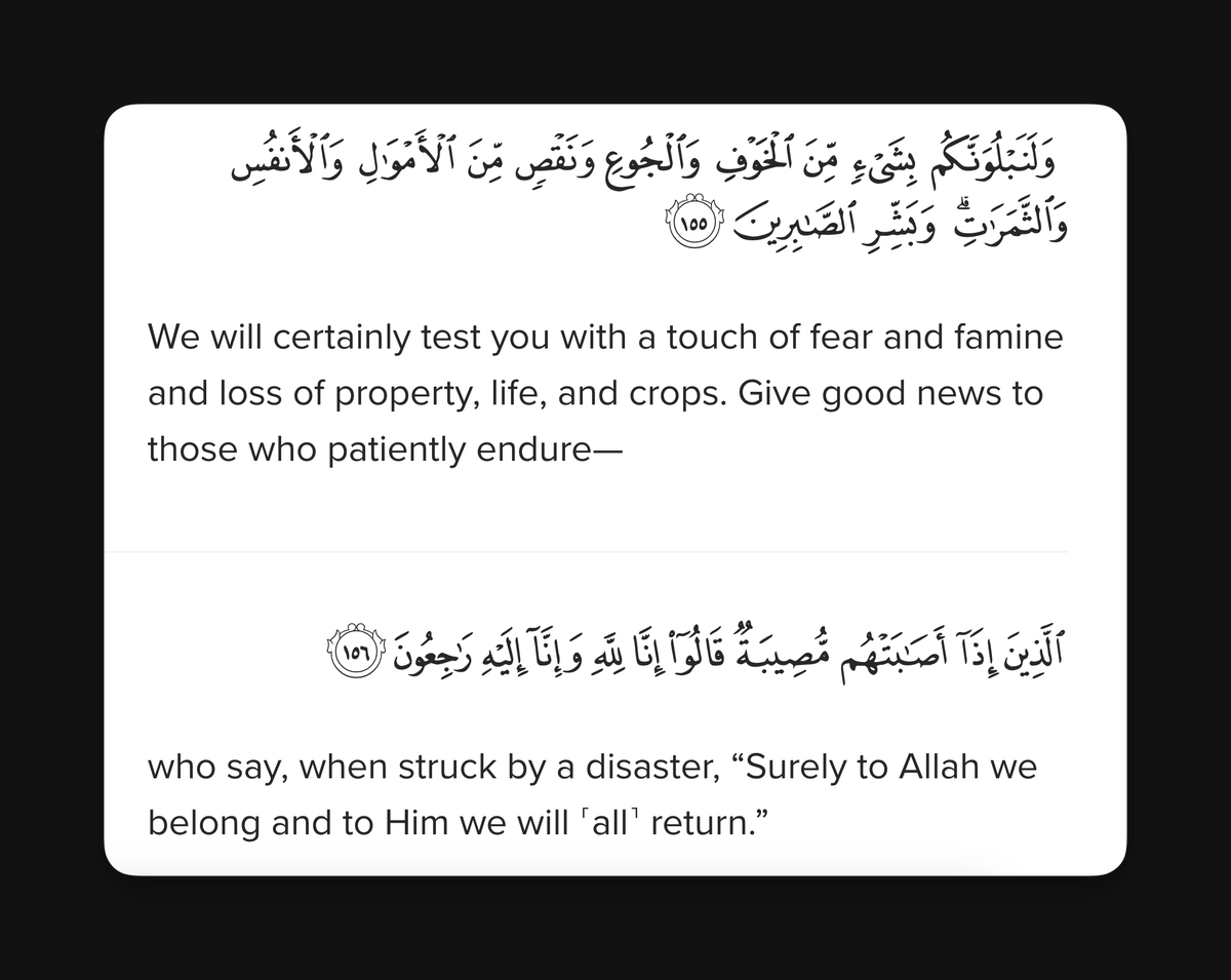 We will certainly test you with a touch of fear and famine and loss of property, life, and crops. Give good news to those who patiently endure—who say, when struck by a disaster, “Surely to Allah we belong and to Him we will ˹all˺ return.”

Quran 2:155-156

#islam #quran