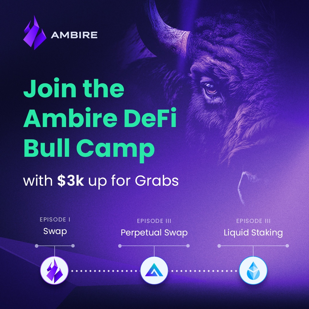 ambire's tweet photo. Step into the Ambire Bull Camp arena 🐂

Join our 3-week long adventure with $3,000 up for grabs 🔥

Episode I: Swap in Ambire
Episode II: Perpetual swaps ft. @GMX_IO 
Episode III: Liquid staking ft. @LidoFinance 

Get to know some of the leaders in DeFi, experience their dApps with Ambire and enter the battle for a weekly reward pool of $1,000 delivered in $DAI and $WALLET with each episode.

Warm up your horns, we’re starting on Monday ⤵️

https://t.co/R0hyvOJ9tN