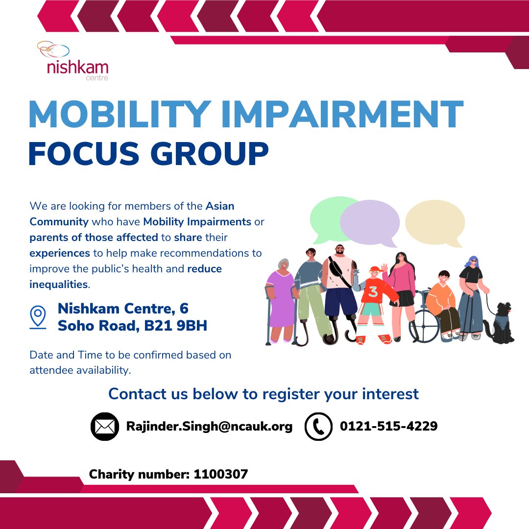 We're looking for members of the #Asian community affected by #mobilityimpairment to take part in our focus group and share their experience to help bring about change and reduce #inequalities.

#focusgroup #healthinequalities