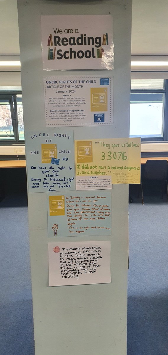 StPaulsHighRea1's tweet photo. To commemorate Holocaust Memorial Day tomorrow on Saturday 27th January, the Literature Ambassadors and Rights Ambassadors have collaborated to make a display that spreads awareness, information and literature related to the Holocaust and the children's right to an identity. 📚 https://t.co/wdNo4JfxrM