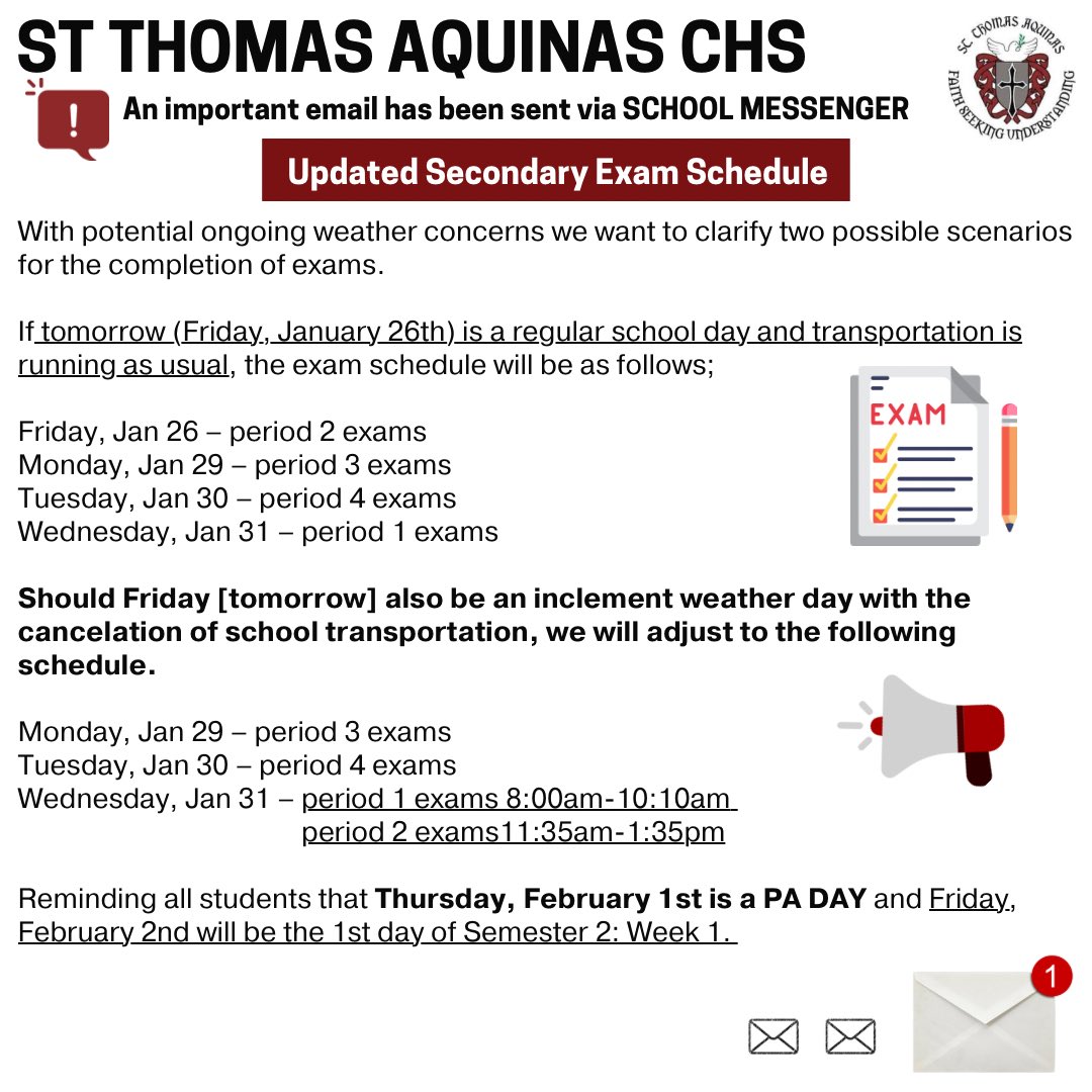 RavensSTA's tweet photo. All school bus transportation has been cancelled for today, Friday, January 26, due to current and forecasted weather and road conditions.

Students, parents and guardians, please refer to the revised schedule for Secondary exams below ⬇️

Stay safe everyone! https://t.co/Qf4r6NOf1m