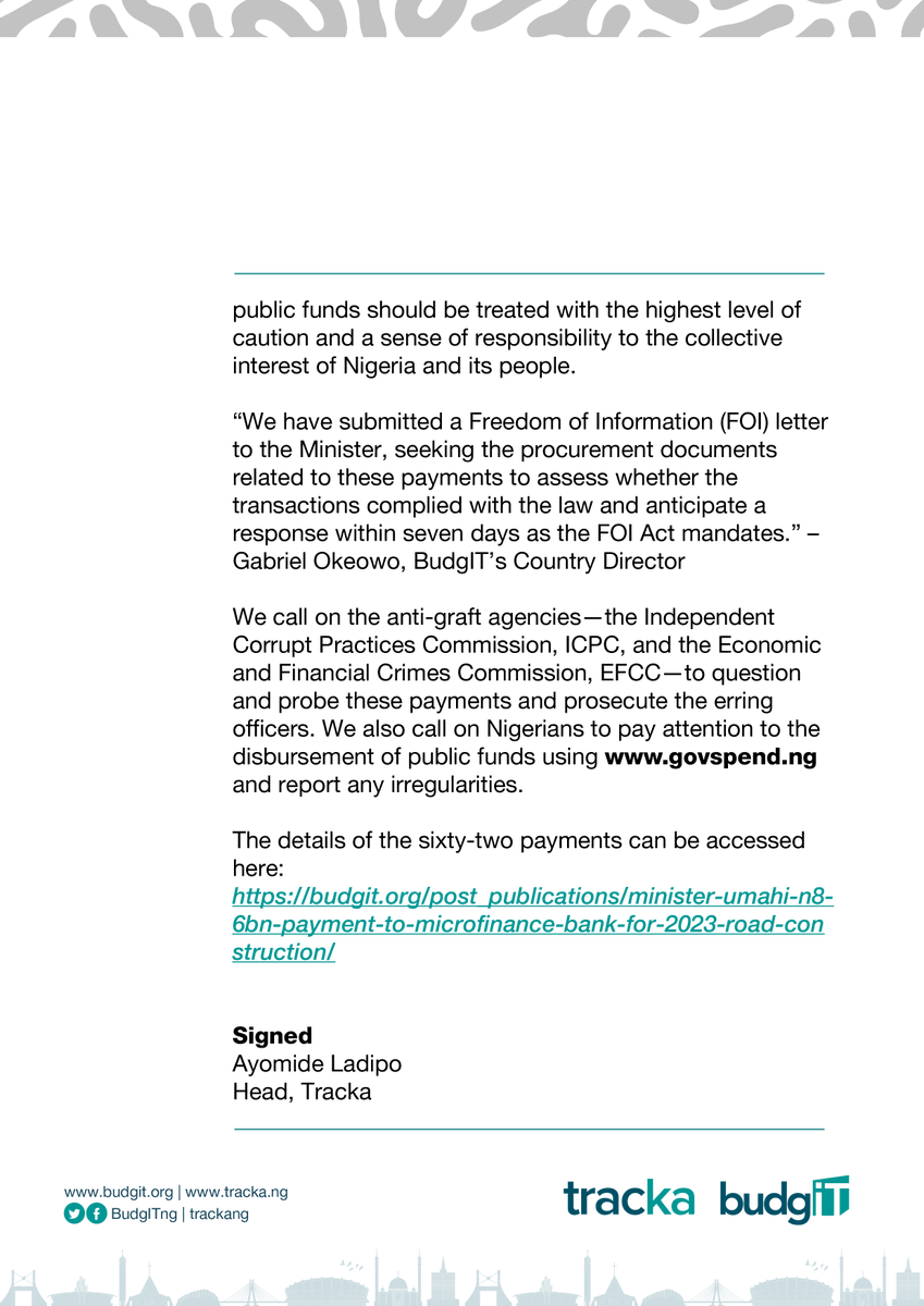 TrackaNG's tweet photo. ATTENTION!

Between June - Dec 2023, Federal Ministry of Works Pays N8.6 billion to FIMS Microfinance Bank Ltd for the construction of road projects in Oyo, Benue, Ekiti & Kaduna.

During this period, the ministry paid the bank to execute 58 projects.

Details in thread below: