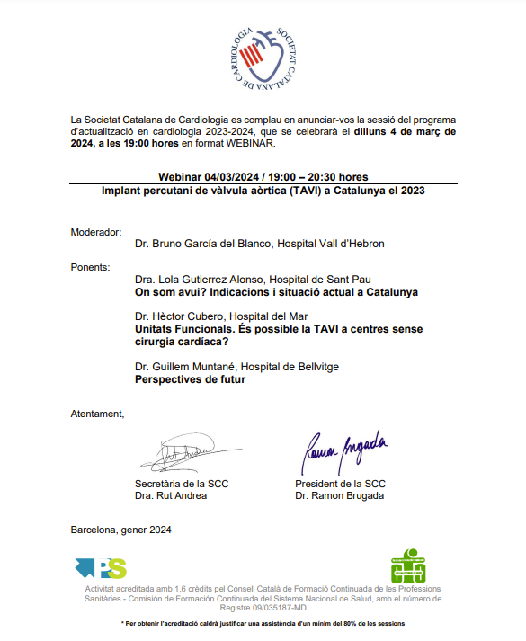 Hem preparat un curs sobre l'implant percutani de vàlvula aòrtica (TAVI) a Catalunya el 2023 amb:

🔴On som avui?
🔴Unitats Funcionals. És possible la TAVI a centres sense cirurgia cardíaca?
🔴Perspectives de futur

📝 Programa: docs.academia.cat/a/56b8766d