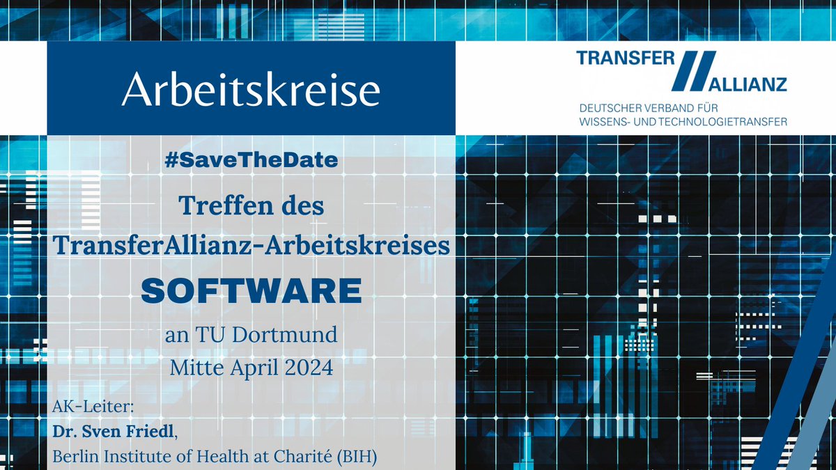 TransferAllianz e.V. (@tallianzev) on Twitter photo Mitte April wird es ein Treffen des #TransferAllianz Arbeitskreises #Software in #Dortmund <a href="/TU_Dortmund/">TU Dortmund</a> geben.
#SaveTheDate
TA-AK-Leiter ist Dr. Sven Friedl @berlinnovation.
Bei Interesse am Mitwirken schreiben Sie diesem oder melden Sie sich bei der TA-Geschäftsstelle
#Transfer Mitte April wird es ein Treffen des #TransferAllianz Arbeitskreises #Software in #Dortmund <a href="/TU_Dortmund/">TU Dortmund</a> geben.
#SaveTheDate
TA-AK-Leiter ist Dr. Sven Friedl @berlinnovation.
Bei Interesse am Mitwirken schreiben Sie diesem oder melden Sie sich bei der TA-Geschäftsstelle
#Transfer