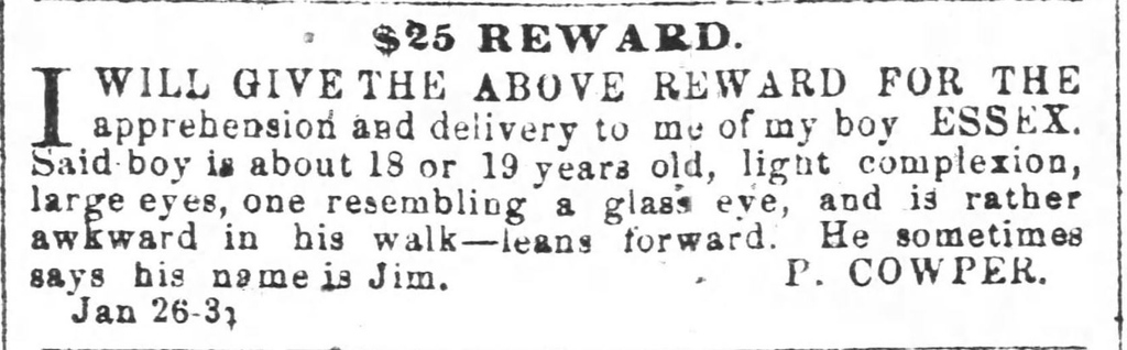FromSlaves's tweet photo. I ran from the Beaufort County, NC farm of Pulaski Cowper in January 1864. Cowper was a lawyer in Raleigh and spent only part of his time at the farm. I may have headed 10 miles to Washington, NC to the southeast, where my family was. He called me ESSEX, but I called myself JIM. https://t.co/s3uHX9Vgrm
