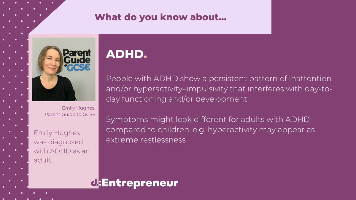 Emily Hughes, @parentguidetogcse, was diagnosed with ADHD last year. People with ADHD show a persistent pattern of inattention and/or hyperactivity-impulsivity that interferes with day-to-day functioning and/or development. adhduk.co.uk/diagnosis-path…