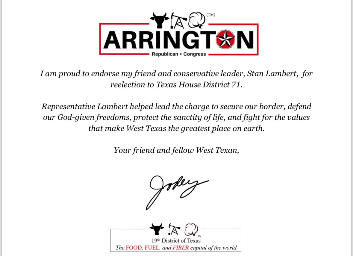 RepStanLambert's tweet photo. Thank you @RepArrington for your endorsement, friendship and for service to the #bigcountry! #HD71 #txlege #rural https://t.co/nX05UHO5RT