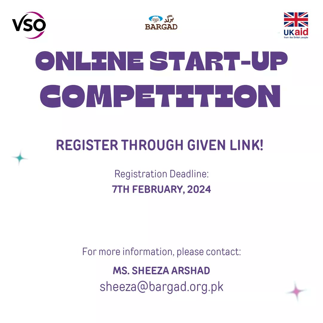 Bargad (@bargadyouth) on Twitter photo Bargad, in collaboration with Volunteer Services Overseas (VSO), invites aspiring student entrepreneurs to participate in an exhilarating Online Start-up Competition.
Register now via the link down below!
forms.gle/ihekfCpvrorBjd…
<a href="/VSOPakistan/">VSO Pakistan</a>
#register #registernow #YOUTH Bargad, in collaboration with Volunteer Services Overseas (VSO), invites aspiring student entrepreneurs to participate in an exhilarating Online Start-up Competition.
Register now via the link down below!
forms.gle/ihekfCpvrorBjd…
<a href="/VSOPakistan/">VSO Pakistan</a>
#register #registernow #YOUTH