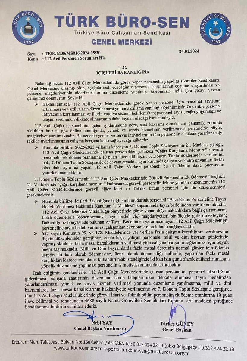 112 PERSONELİNİN SORUNLARINI İÇİŞLERİ BAKANLIĞINA İLETTİK

112 Acil Çağrı Müdürlüklerinde görevli personelin mağduriyetlerinin giderilmesi talebiyle İçişleri Bakanlığı’na yazı yazdık.

#112AÇM