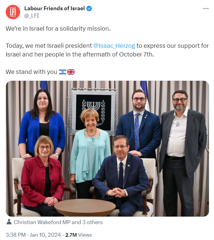 The ICJ specifically noted that Israeli president Isaac Herzog's statement - that the "entire nation" of Palestine was responsible - was plausible evidence of incitement to genocide.

Labour Friends of Israel met with Herzog earlier this month on a "solidarity mission" to Israel.