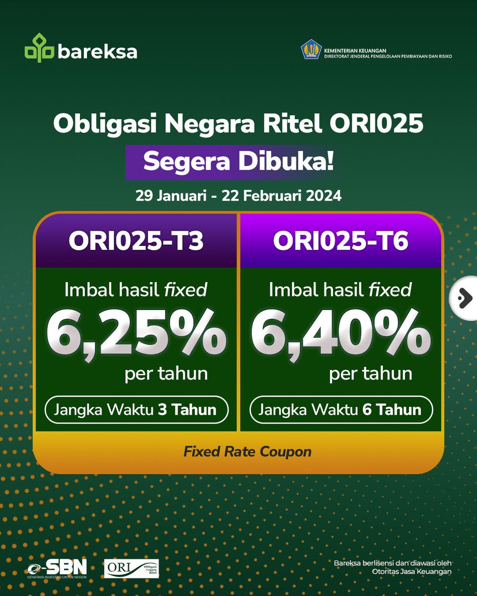 bareksa's tweet photo. Masa penawaran Obligasi Negara Ritel ORI025 segara dibuka tanggal 29 Januari 2024 🥳
✅ORI025-T3 6,25% per tahun
✅ORI025-T6 6,40% per tahun
Bisa beli sampai Rp15 miliar jika membeli kedua seri tersebut ✨
Daftarkan akun SBNmu sekarang!
#investasi #sbn #bareksa https://t.co/VyVjFLWyg8