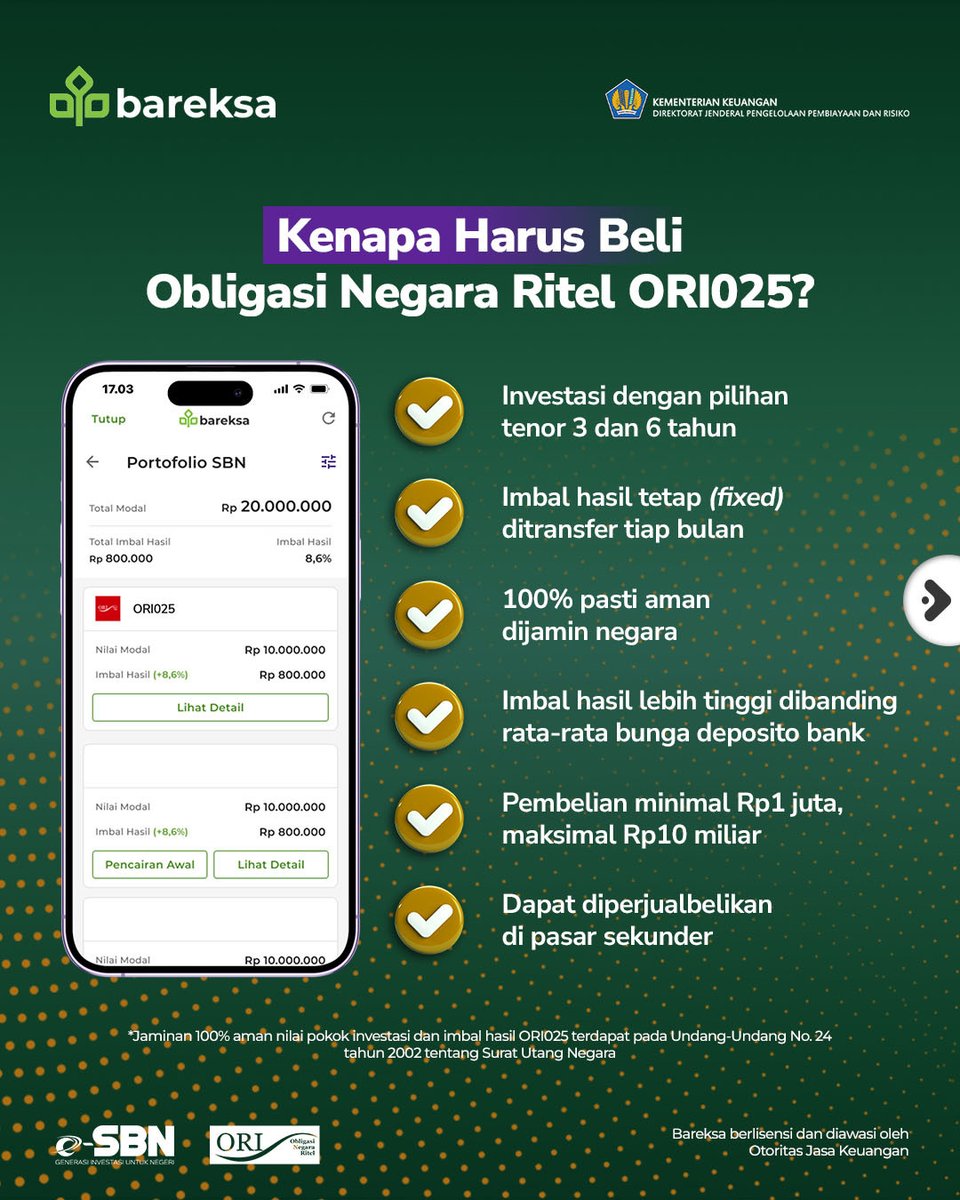 bareksa's tweet photo. Masa penawaran Obligasi Negara Ritel ORI025 segara dibuka tanggal 29 Januari 2024 🥳
✅ORI025-T3 6,25% per tahun
✅ORI025-T6 6,40% per tahun
Bisa beli sampai Rp15 miliar jika membeli kedua seri tersebut ✨
Daftarkan akun SBNmu sekarang!
#investasi #sbn #bareksa https://t.co/VyVjFLWyg8