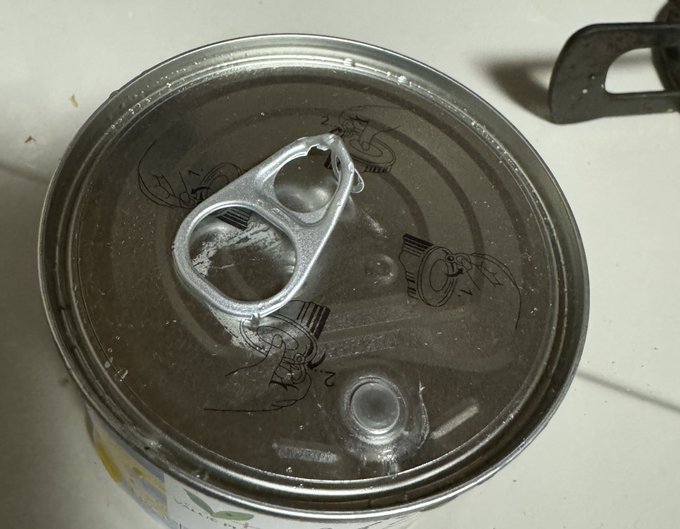 缶詰の蓋を開ける取っ手がいきなり折れたにゃんね 万事休しました