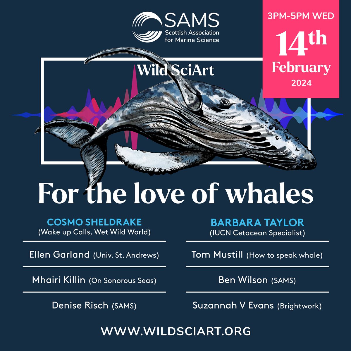 Our Wild #SciArt event returns on Valentine's Day, 2024. 

"For the Love of Whales" bring scientists and artists together to explore how collaborations can enhance the research and conservation of marine mammals. 

Register for free here👉 wildsciart.org

#WhaleTalk