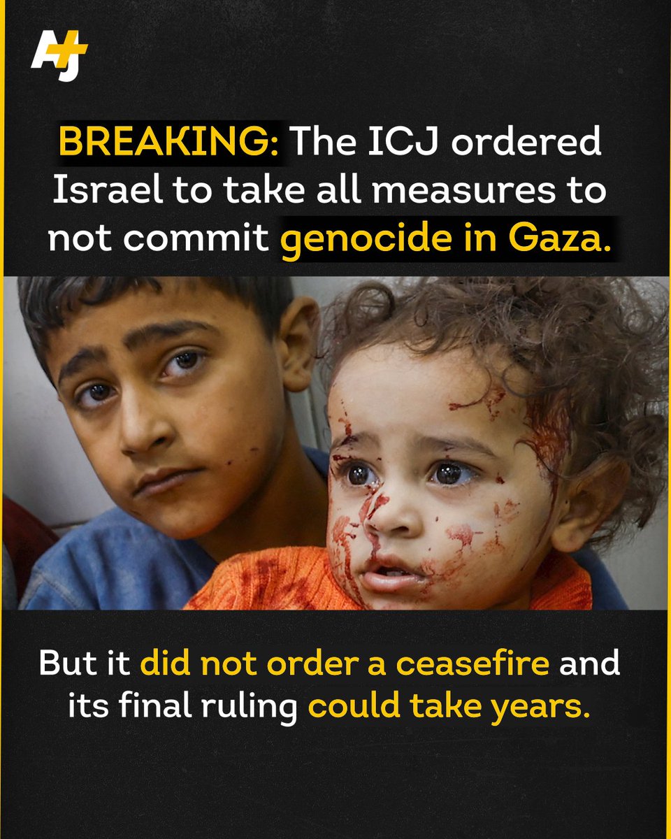 ajplus's tweet photo. The ICJ ordered Israel to take all measures to prevent genocide in occupied Gaza and facilitate entry of aid, but stopped short of ordering a ceasefire. https://t.co/d3SkKdi9Q9