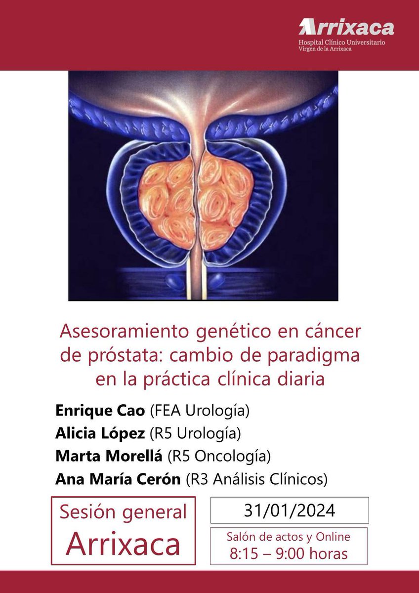AreaUnoArrixaca's tweet photo. 📝La sesión de hoy sobre el cambio en la práctica clínica que ha supuesto el asesoramiento genético del cáncer de próstata. 🗣️Hablarán profesionales de urología, oncología y análisis clínicos @docencia_hcuva 

Se acredita la asistencia presencial
👁️ONLINE https://t.co/q7kxR4JoVS https://t.co/9jpkwqNeWs