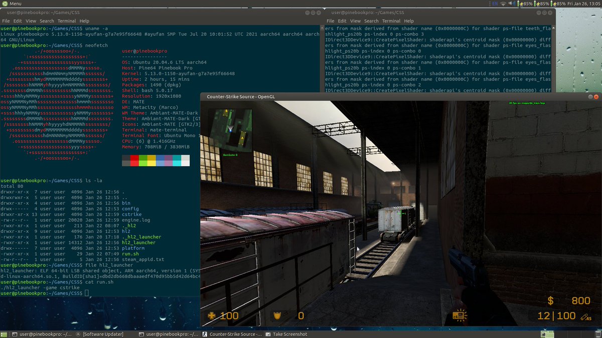 Compiled Counter-Strike:Source on the Pinebook Pro and it also runs well, FPS is lower than the Nvidia Jetson Nano, but still getting around 25-40 FPS on 1280x720 
#Pinebook #Pine64
